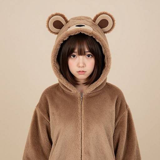 Photograph of a young Asian woman with straight brown hair, wearing a brown bear-themed, fuzzy hooded onesie, against a plain beige background.