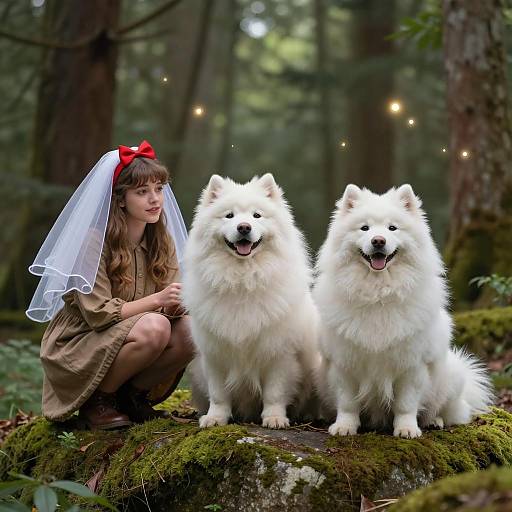 Young Woman with White Dogs in Forest