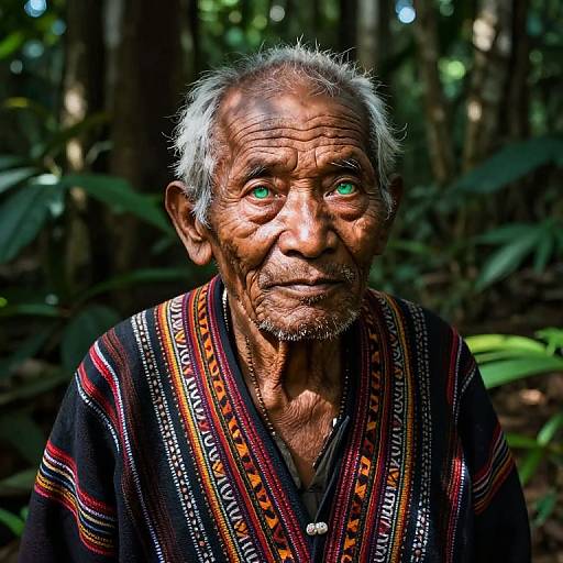 Photograph of an elderly man with wrinkled face, white hair, green eyes, and patterned black and red traditional garment, standing in a lush