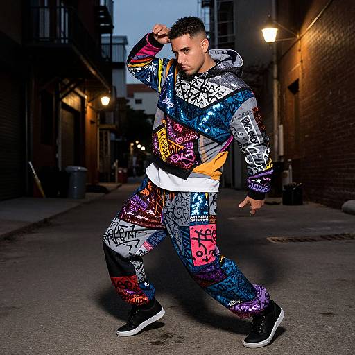 Photograph of a muscular, black man in colorful, graffiti-patterned hoodie and pants, walking down a dimly lit urban alley at dusk, under