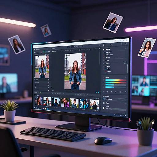 Photorealistic digital image of a modern workstation with a large monitor displaying photo editing software, surrounded by pinned photos, potted plants, and vibrant purple