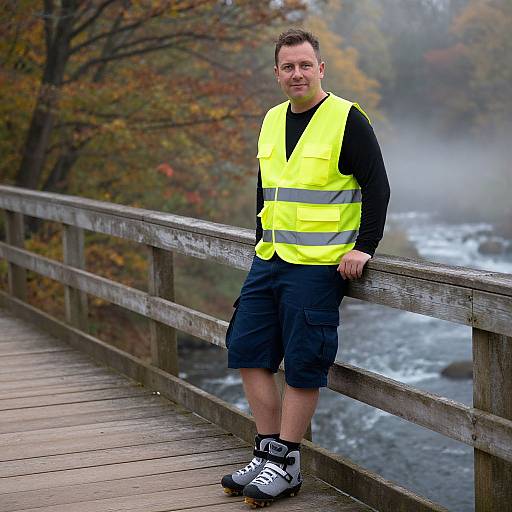 Photograph of a short, fair-skinned man with brown hair, wearing a neon yellow safety vest, black long-sleeve shirt, black cargo