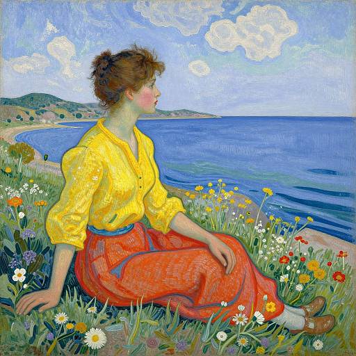 Impressionist-style painting of a woman in a yellow blouse and red skirt, sitting on a grassy cliff overlooking a blue ocean with white clouds and