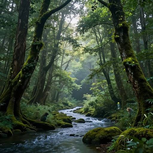 Photograph of a serene, lush forest with tall, moss-covered trees framing a clear, flowing stream under soft, dappled sunlight.