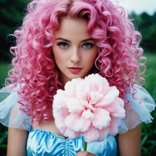 Young Woman with Pink Curly Hair Holding Large Flower
