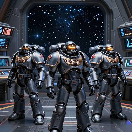 Photorealistic CGI of four silver space suits with gold wing patterns, standing in a futuristic spaceship control room with starry space view.