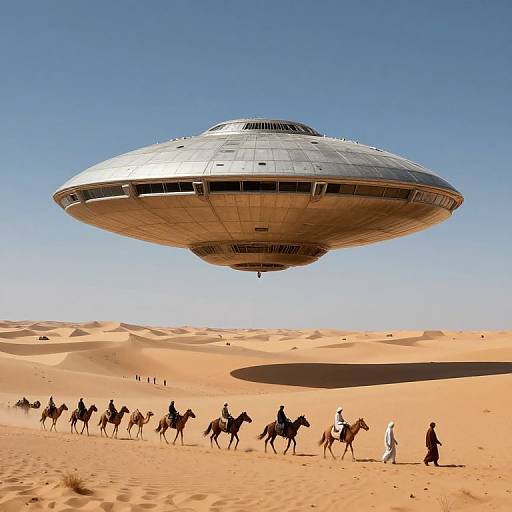Photograph of a silver UFO hovering over a desert with a caravan of camels and robed figures walking below. Clear blue sky, bright sun,