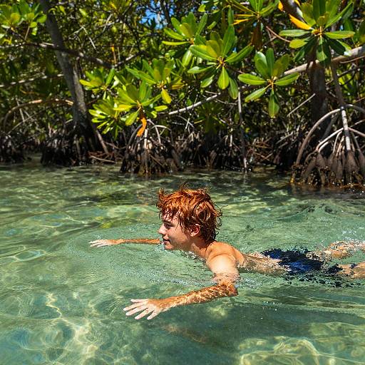 Photograph of a young boy with wet, tousled red hair swimming in clear, turquoise water surrounded by lush, green mangrove trees. Sunlight