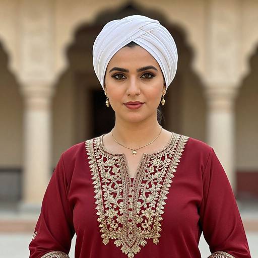Photograph of a South Asian woman with medium brown skin, wearing a white headscarf, maroon embroidered top, and gold earrings, standing in