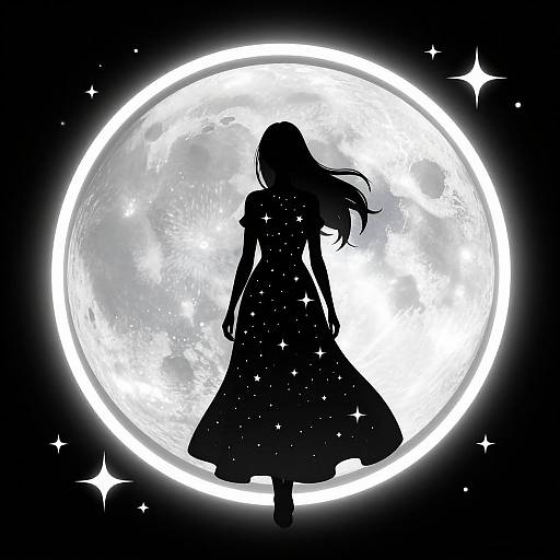 Silhouetted girl in a starry dress stands against a glowing full moon, surrounded by sparkling stars in a black background. Digital art.