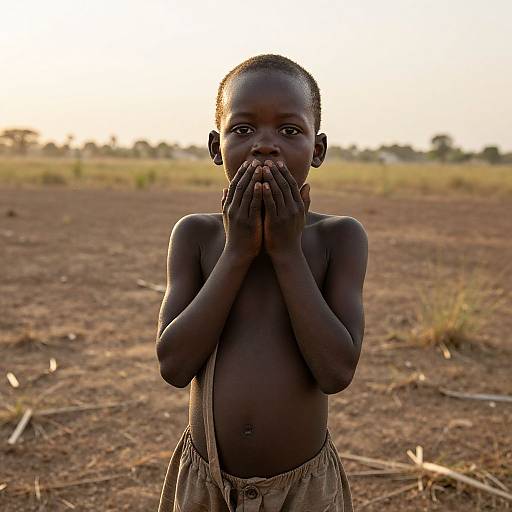 Photograph of a young, shirtless African boy with dark skin, short hair, and hands covering his mouth, standing in a dry, grassy