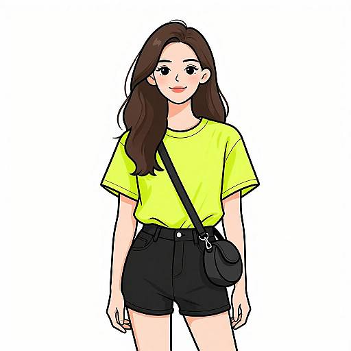 Digital illustration of a cute young woman with long brown hair, wearing a bright yellow t-shirt, black high-waisted shorts, and a black cross