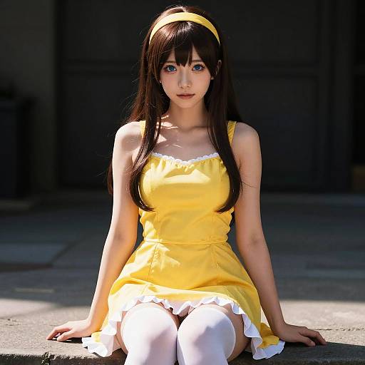 Photograph of a young woman with long black hair, blue eyes, wearing a yellow dress, white stockings, and yellow headband, sitting on a