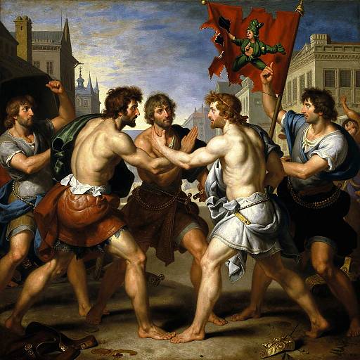 Baroque-style painting of six muscular, shirtless men with varying hair and beards, fighting and holding red flags, set in a historic cityscape