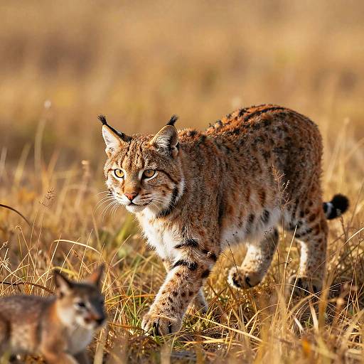 Photograph of a focused, spotted lynx with yellow eyes walking through golden grass, sunlight highlighting its fur, with a blurred lynx in the foreground