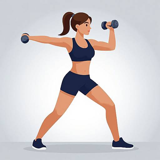 Digital illustration of a fit, brown-haired woman in a black sports bra and shorts, holding dumbbells, standing in a workout stance.