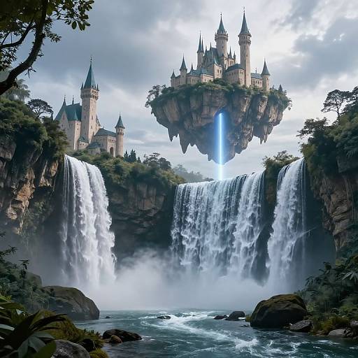 Fantastical digital artwork of a floating castle with spires, above twin waterfalls, surrounded by lush greenery and a glowing blue waterfall.