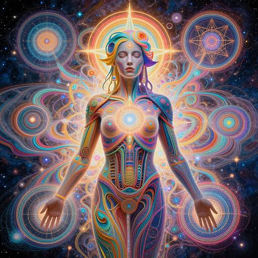 Digital artwork of a glowing, multicolored, nude woman with a unicorn horn, surrounded by vibrant, circular patterns and cosmic elements.