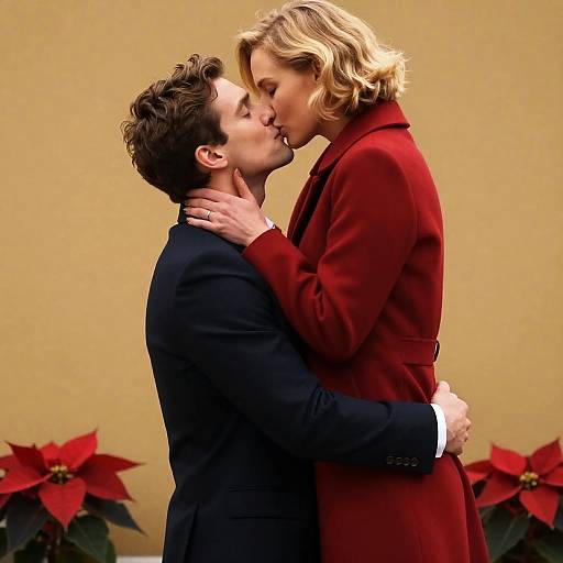 Romantic Kiss Against Golden Backdrop