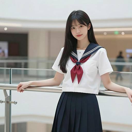Asian Woman in Sailor Uniform Indoors