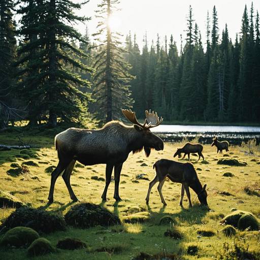 Grazing Moose in Sunlit Forest Meadow