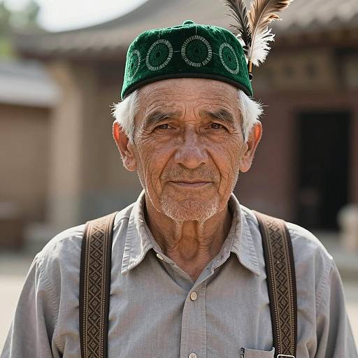 Elderly Man in Traditional Green Hat