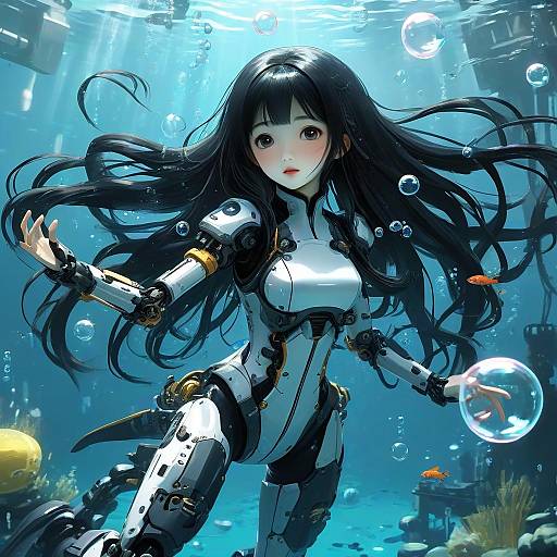 Underwater Android Girl with Mechanical Limbs