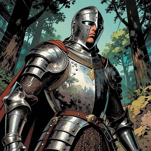 Digital comic-style illustration of a stern knight in shiny silver armor with a red cape, standing in a lush forest. Bright sunlight filters through trees, reflecting