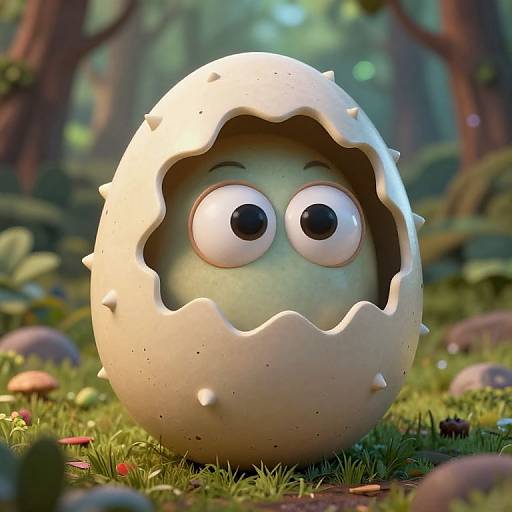CGI image of a cute, white, egg-shaped creature with large, wide eyes and a cracked shell, sitting on a forest floor with mushrooms and