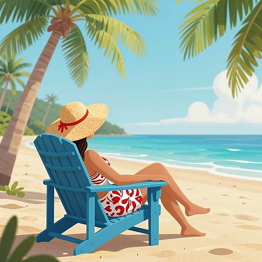Digital artwork of a woman in a red floral swimsuit and straw hat, relaxing on a blue Adirondack chair on a sunny tropical beach with
