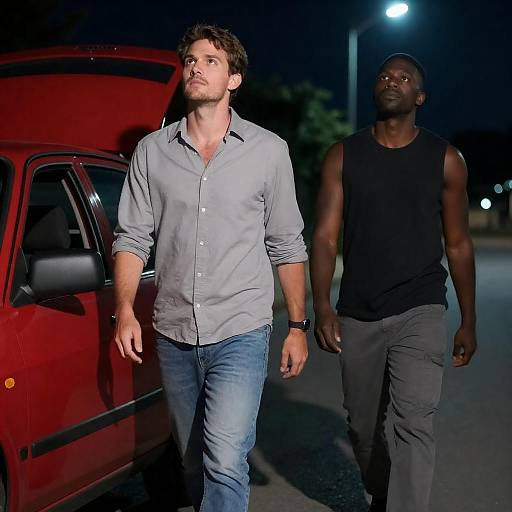 Nighttime Stroll Beside Red Car