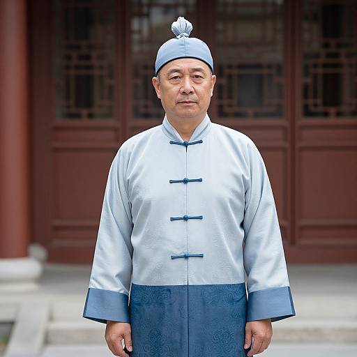 Photograph of an Asian man with light skin, wearing a traditional white and blue Chinese chef's uniform, including a blue hat, standing in front of