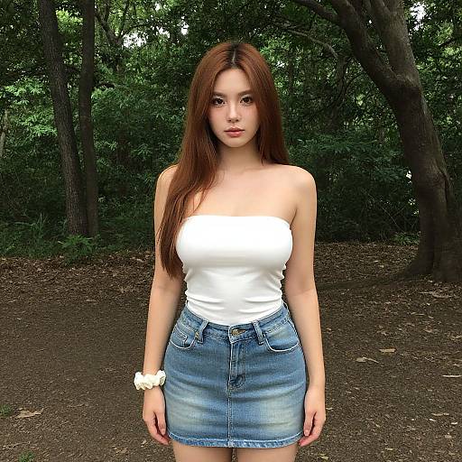 Photograph of a young woman with long brown hair, wearing a white strapless top and blue denim skirt, standing in a forest. She has fair