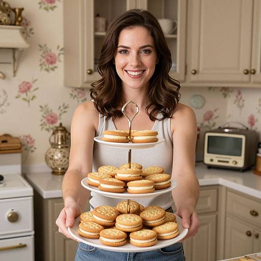 Smiling Woman with Cream Sandwich Cookies