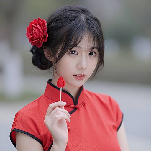 Photograph of an East Asian woman with black hair in a bun, wearing a red cheongsam, holding a red heart-shaped lollipop, with