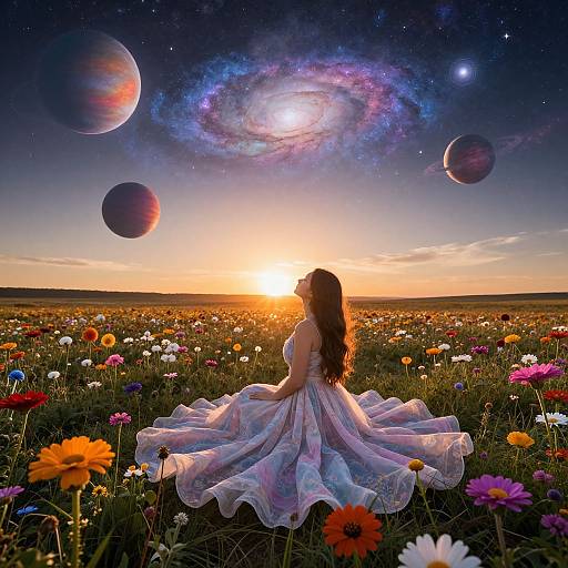 Woman in Alien Flower Field at Sunset