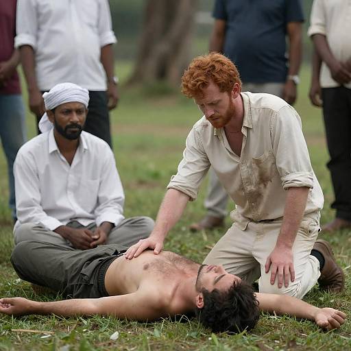 Outdoor Scene with Concerned Red-Haired Man
