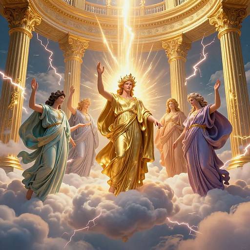 Digital artwork of a radiant, golden-robed deity with a crown, surrounded by four ethereal, robed figures on a cloud, with lightning bolts