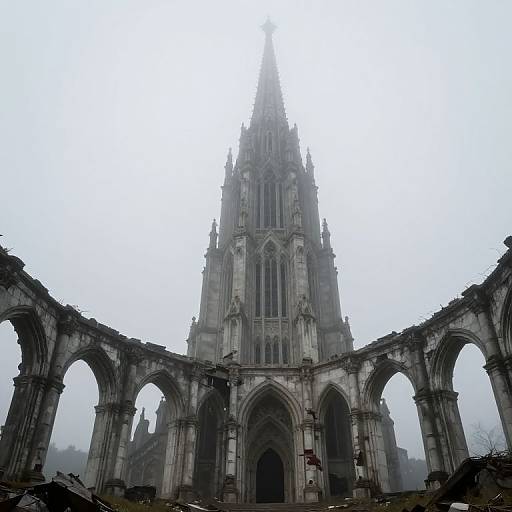 Photograph of a foggy, Gothic-style cathedral with a tall, intricate spire, framed by four large, arched ruins in the foreground.