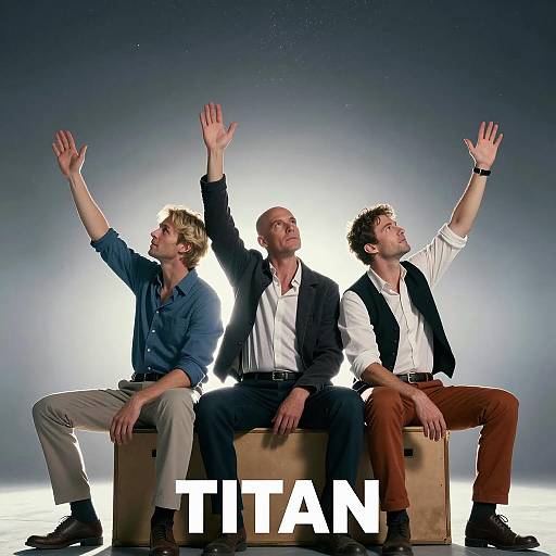 Three men sitting with raised arms under starry sky