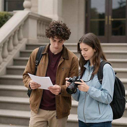Young Adults with Camera and Paper by Staircase