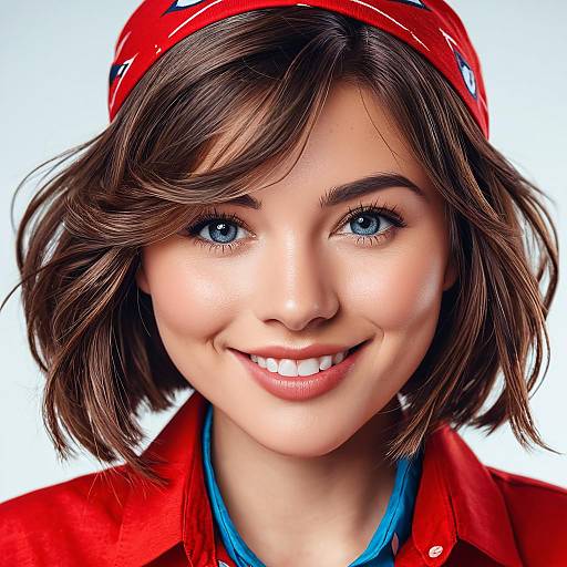 Photograph of a smiling young woman with blue eyes, brown wavy hair, red polka dot headband, red jacket, and blue shirt.