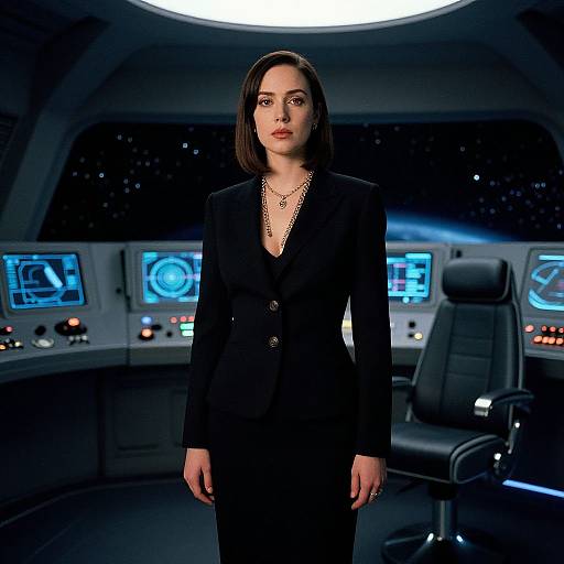 Photograph of a serious, dark-haired woman in a black suit standing in a futuristic spaceship control room with illuminated screens.