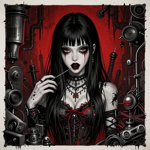 Digital gothic art of a pale woman with black hair, red eyes, dark lipstick, and lace corset, smoking, surrounded by industrial machinery against