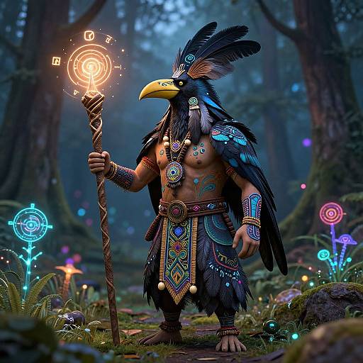 Digital fantasy artwork of a muscular, anthropomorphic bird-man with black feathers, yellow beak, and intricate tribal tattoos, holding a glowing staff in a