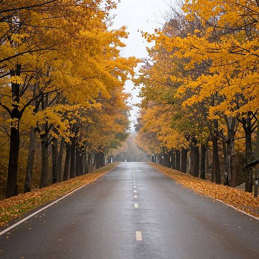 Photograph of a wet, empty road lined with vibrant orange and yellow autumn leaves, flanked by tall trees, under a cloudy sky.