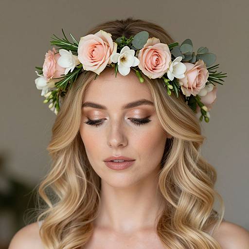 Photograph of a blonde woman with curled hair, closed eyes, and pink floral crown, wearing shimmering eyeshadow and nude lipstick.