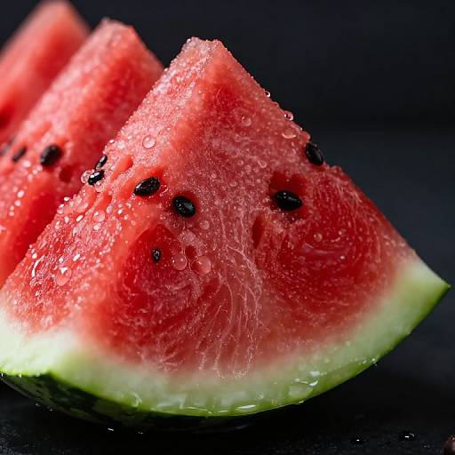 Close-up photograph of water droplets on three vibrant red watermelon slices with black seeds, set against a dark background.