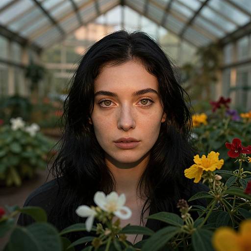 Photograph of a young woman with long, black, wavy hair and pale skin, standing in a greenhouse filled with colorful flowers, with a soft