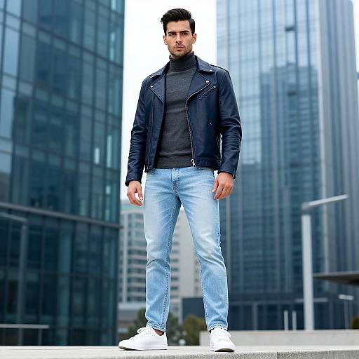 Photograph of a handsome man with dark hair, wearing a black leather jacket, gray turtleneck, light blue jeans, and white sneakers, standing